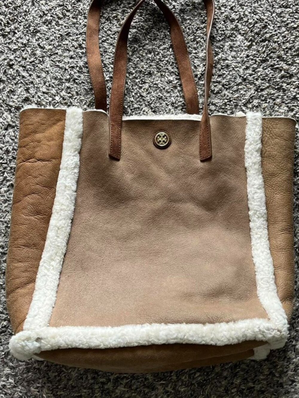 Tory Burch Brown Suede Shearling Tote Bag Luxury Lambswool Elegant Work Purse